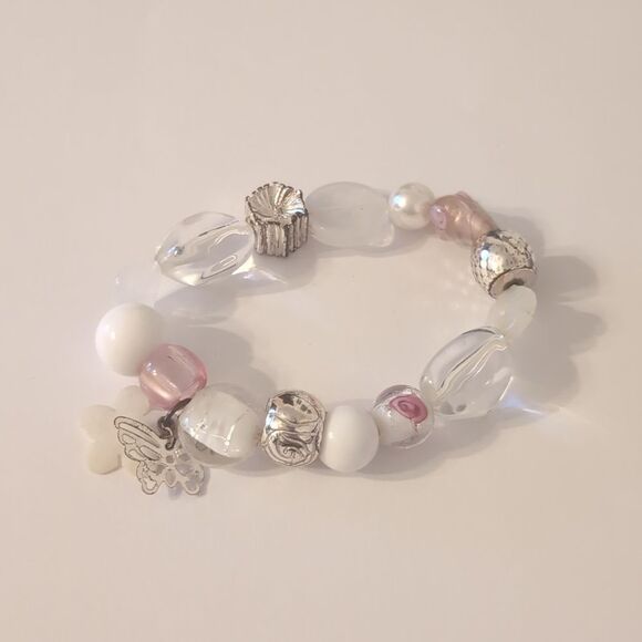 622 Pink White and Clear Glass Beaded Charm Bracelet with Mother of Pearl Flower - Picture 3 of 4